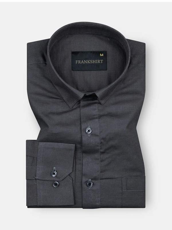 A black, long-sleeved, button-down men's linen shirt with a spread collar, displayed against a white background.
