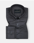 A black, long-sleeved, button-down men's linen shirt with a spread collar, displayed against a white background.