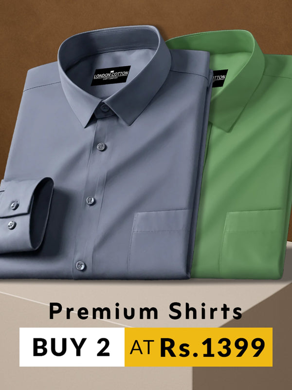 Two folded shirts, one gray and one green, on a brown background with promotional text.