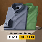 Two folded shirts, one gray and one green, on a brown background with promotional text.