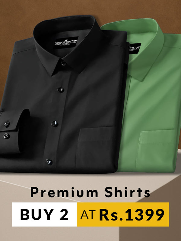 Two folded shirts, one black and one green, on a brown background with promotional text.
