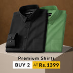 Two folded shirts, one black and one green, on a brown background with promotional text.