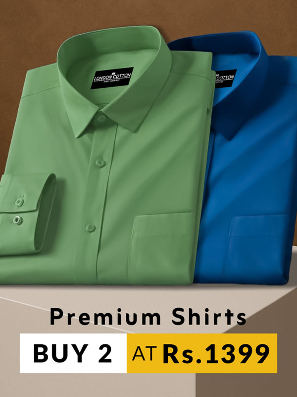 Two folded shirts, one green and one blue, on a brown background with promotional text.