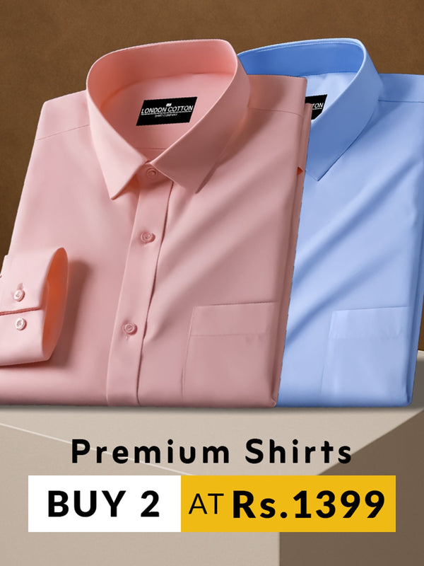 Two folded shirts, one pink and one blue, on a brown background with promotional text.