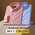 Two folded shirts, one pink and one blue, on a brown background with promotional text.