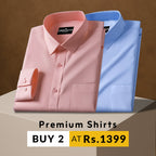 Two folded shirts, one pink and one blue, on a brown background with promotional text.