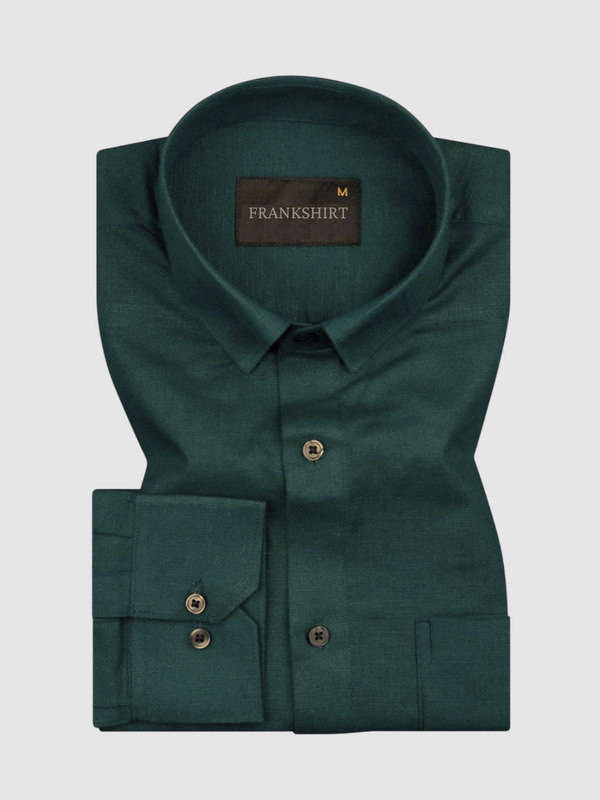 A bottle green linen shirt with a button-down collar, button-up front, and long sleeves, laid flat on a plain background.