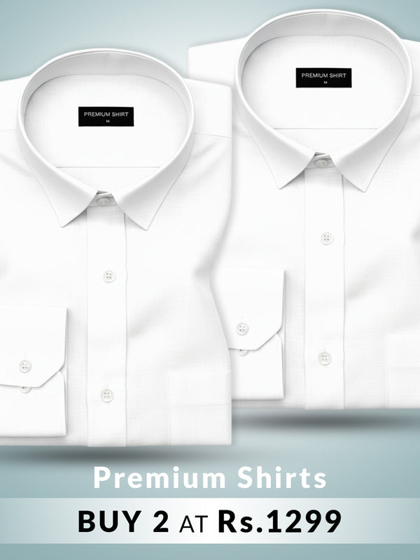 Two white shirts with labels on a light gray background, promotional text at the bottom.
