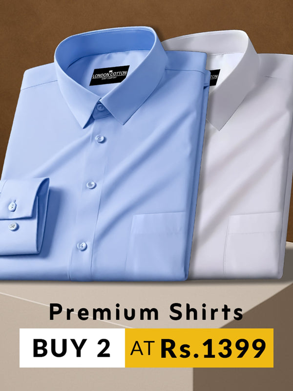 Two folded shirts, one blue and one white, on a brown background with promotional text.
