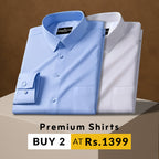 Two folded shirts, one blue and one white, on a brown background with promotional text.