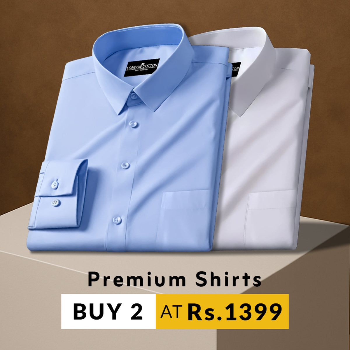 Two folded shirts, one blue and one white, on a brown background with promotional text.