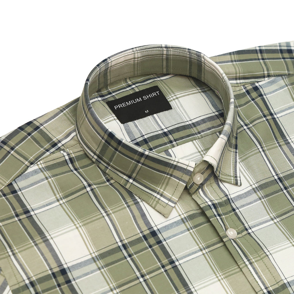 Olive Green Classic Check Paper Cotton Shirt For Men