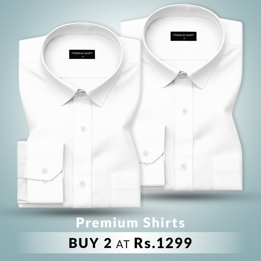 Two white shirts with labels on a light gray background, promotional text at the bottom.