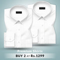 Two white shirts with labels on a light gray background, promotional text at the bottom.