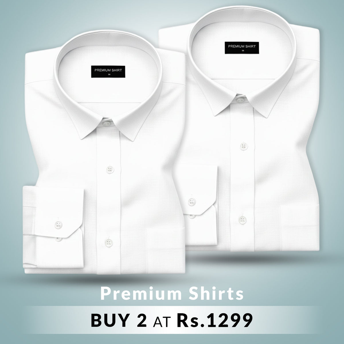 Two white shirts with labels on a light gray background, promotional text at the bottom.