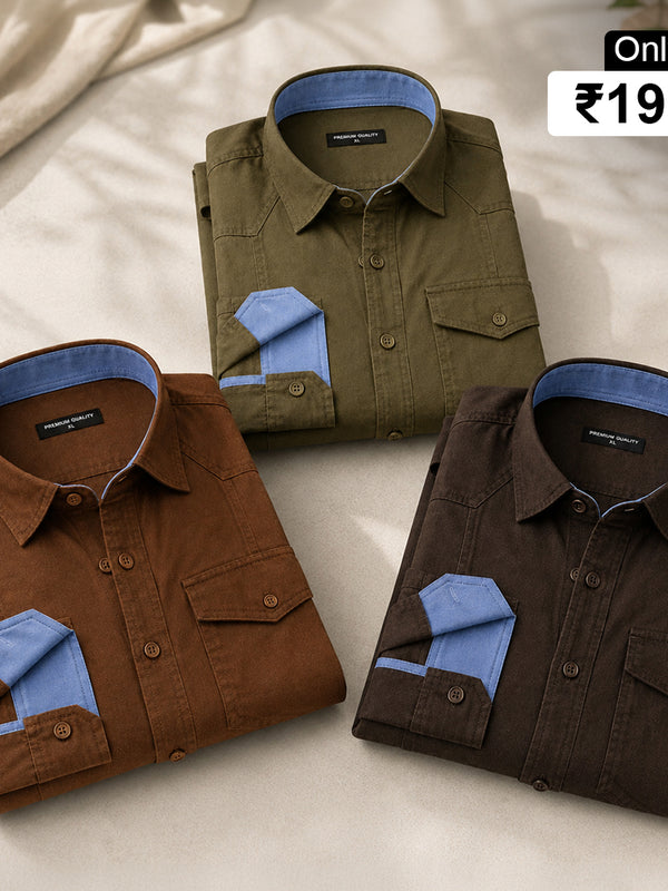 Pack Of 3 Cargo Style Dusty Brown, Olive & Dark Brown Shirt