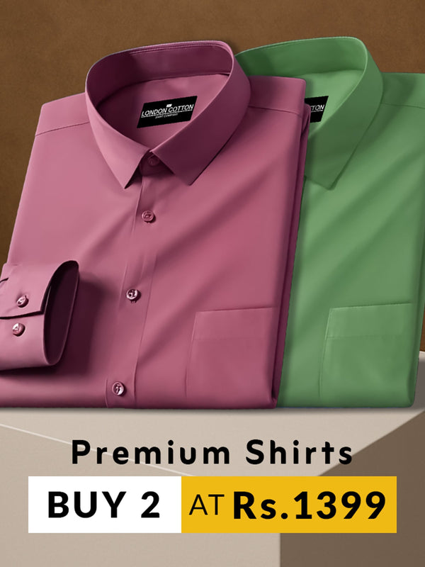 Two folded premium shirts, one purple and one green, on a brown background with promotional text.