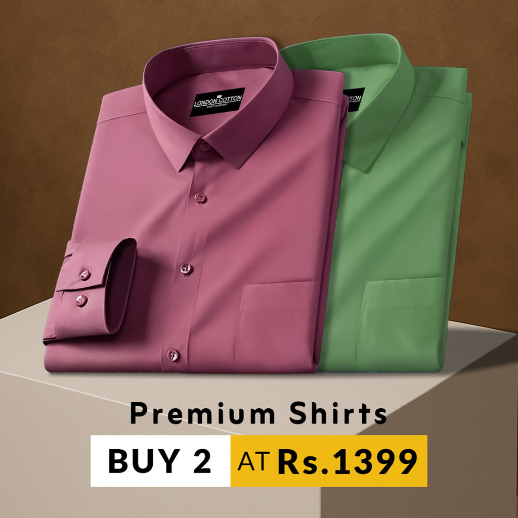 Two folded premium shirts, one purple and one green, on a brown background with promotional text.