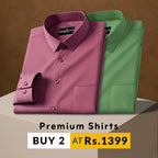 Two folded premium shirts, one purple and one green, on a brown background with promotional text.