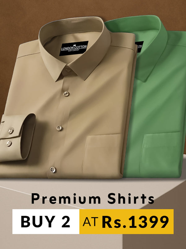 Two folded shirts, one beige and one green, on a brown background with promotional text.