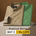 Two folded shirts, one beige and one green, on a brown background with promotional text.