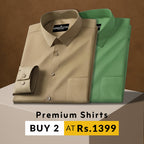 Two folded shirts, one beige and one green, on a brown background with promotional text.