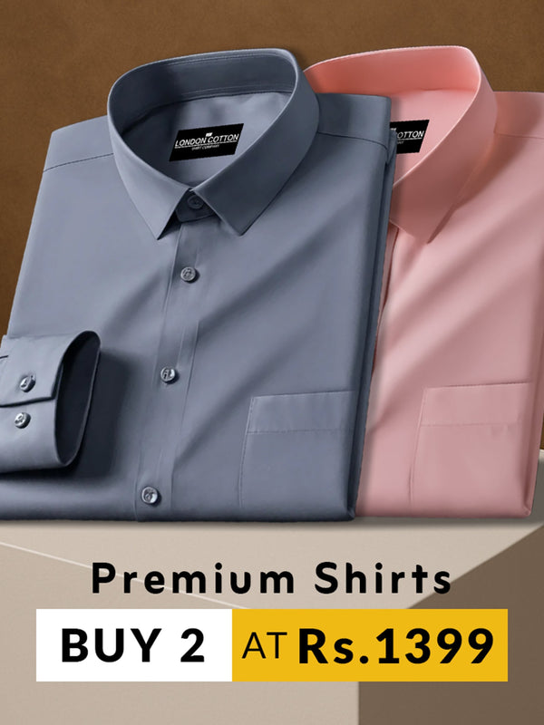 Two folded shirts, one gray and one pink, on a brown background with promotional text.