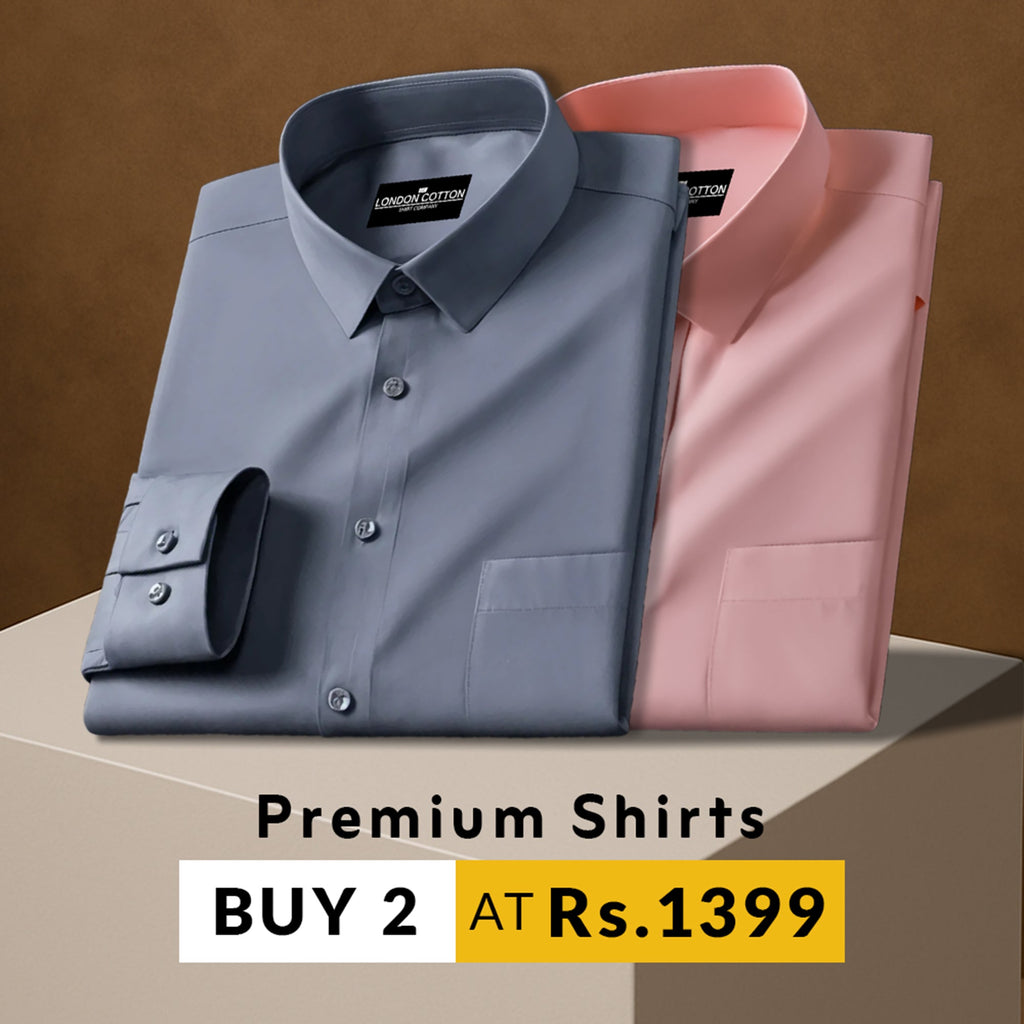 Two folded shirts, one gray and one pink, on a brown background with promotional text.