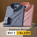 Two folded shirts, one gray and one pink, on a brown background with promotional text.