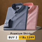 Two folded shirts, one gray and one pink, on a brown background with promotional text.