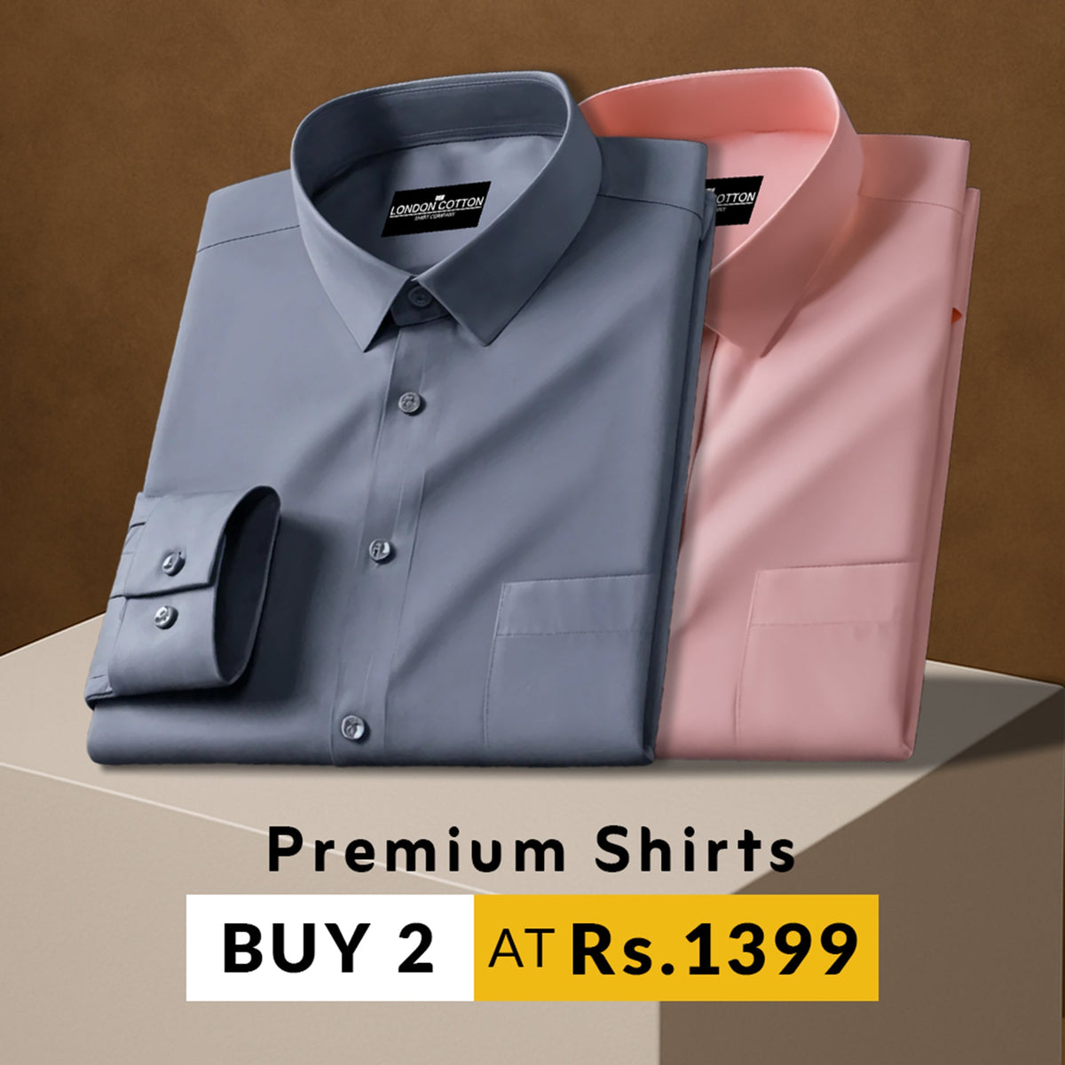 Two folded shirts, one gray and one pink, on a brown background with promotional text.