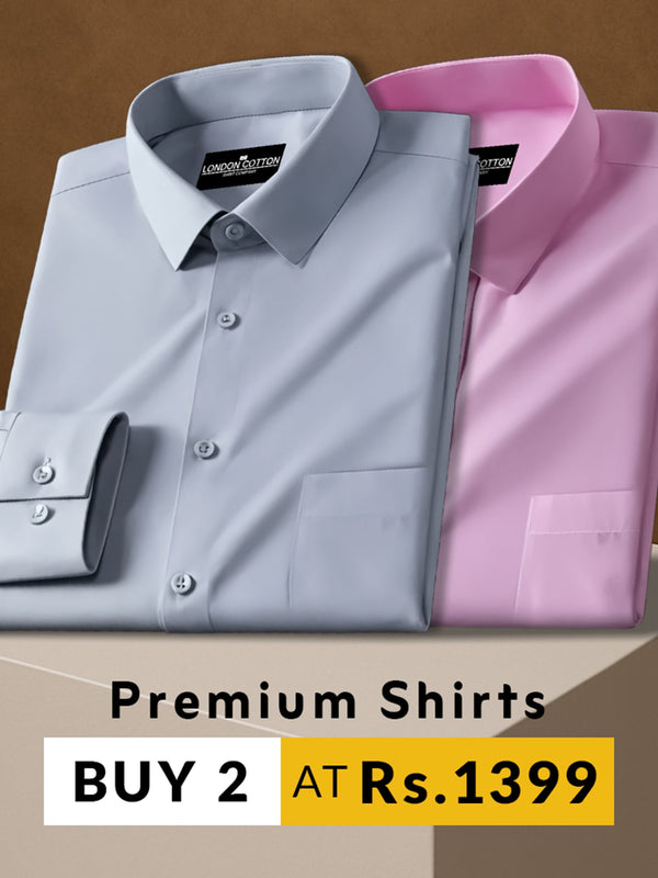 Two folded shirts, one gray and one pink, on a brown background with promotional text.