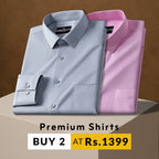 Two folded shirts, one gray and one pink, on a brown background with promotional text.