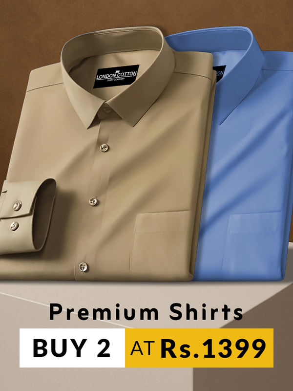 Two folded shirts, one beige and one blue, on a brown background with promotional text.