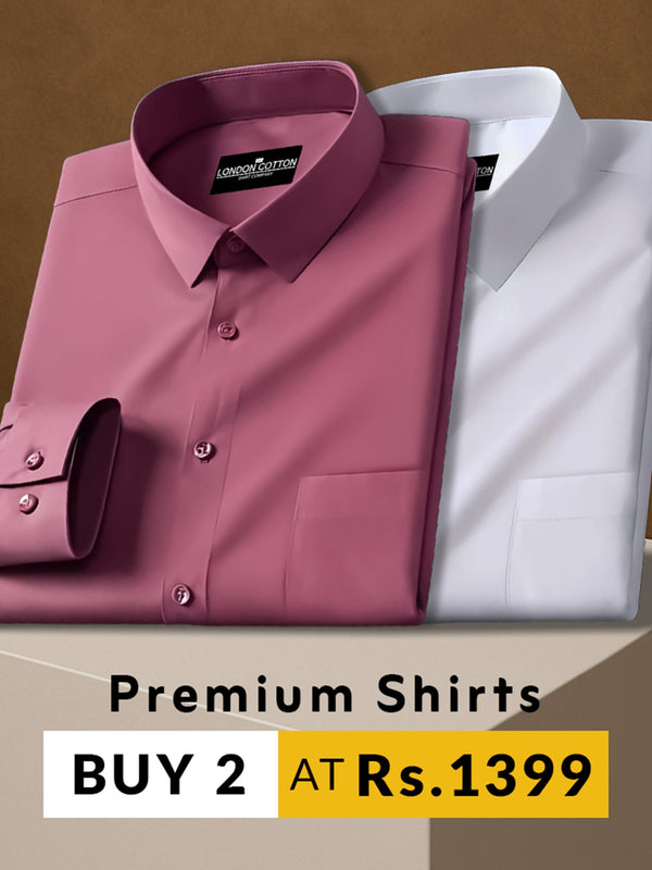 Two folded shirts, one pink and one white, on a brown background with promotional text.