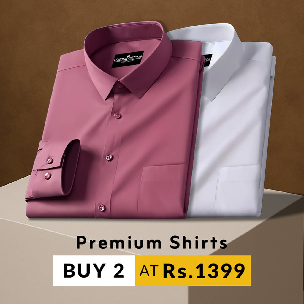 Two folded shirts, one pink and one white, on a brown background with promotional text.