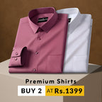 Two folded shirts, one pink and one white, on a brown background with promotional text.