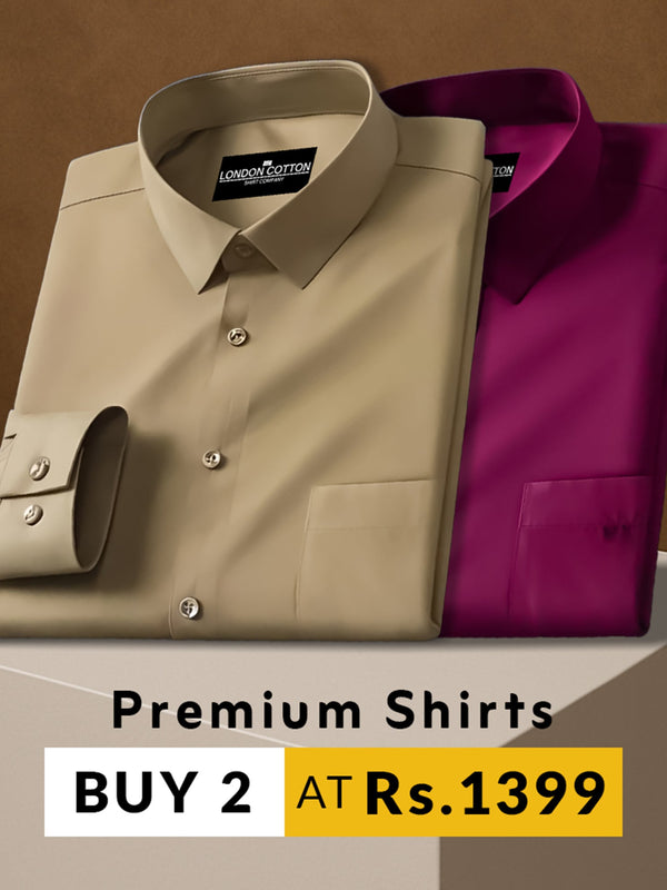 Two folded shirts, one beige and one purple, on a brown background with promotional text.