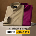 Two folded shirts, one beige and one purple, on a brown background with promotional text.