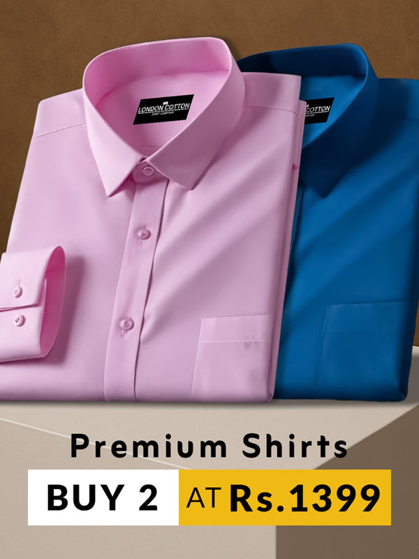 Two folded shirts, one pink and one blue, on a brown background with promotional text.