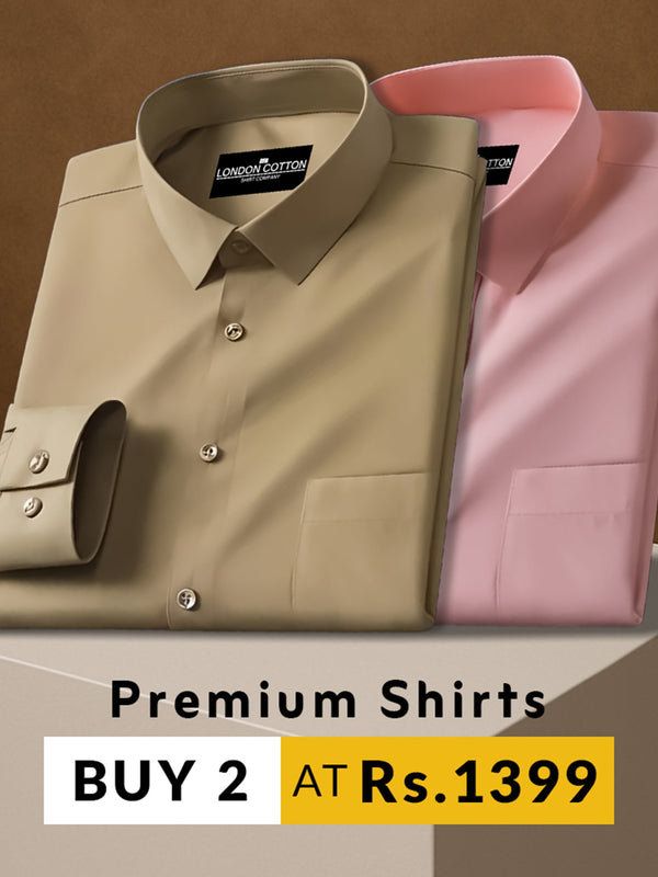Two folded shirts, one beige and one pink, with 'London Cotton' branding on a brown background.