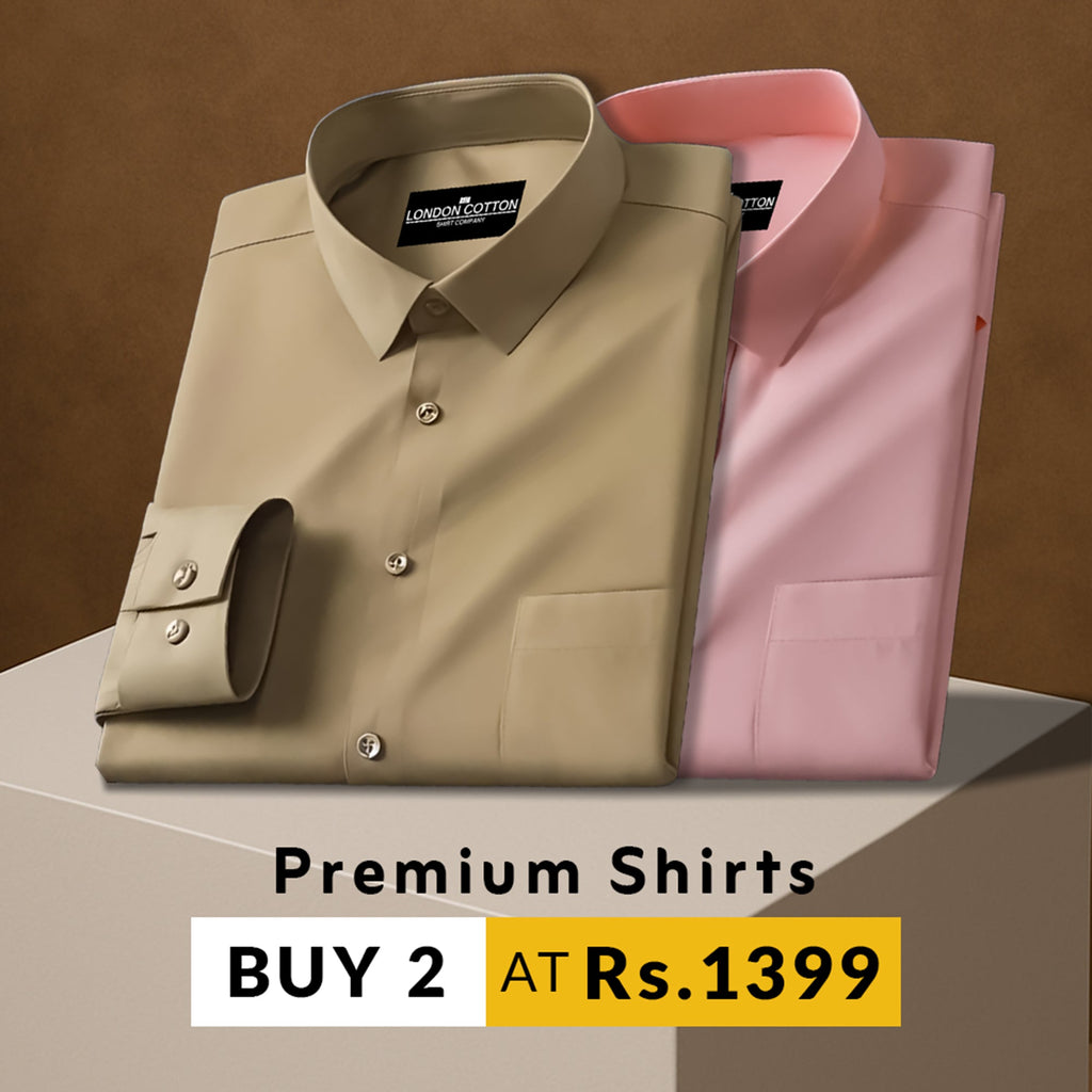 Two folded shirts, one beige and one pink, with 'London Cotton' branding on a brown background.