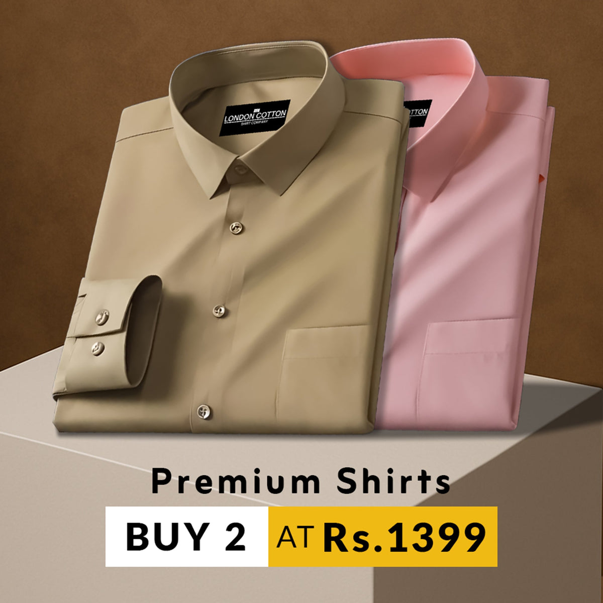 Two folded shirts, one beige and one pink, with 'London Cotton' branding on a brown background.