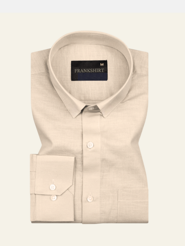 A cream-colored, long-sleeved linen shirt with a button-down collar, displayed against a white background.