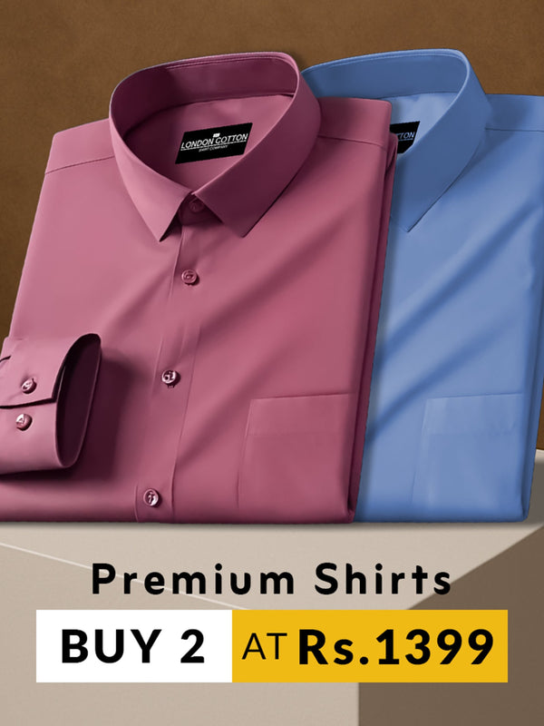 Two folded shirts, one pink and one blue, on a brown background with promotional text.