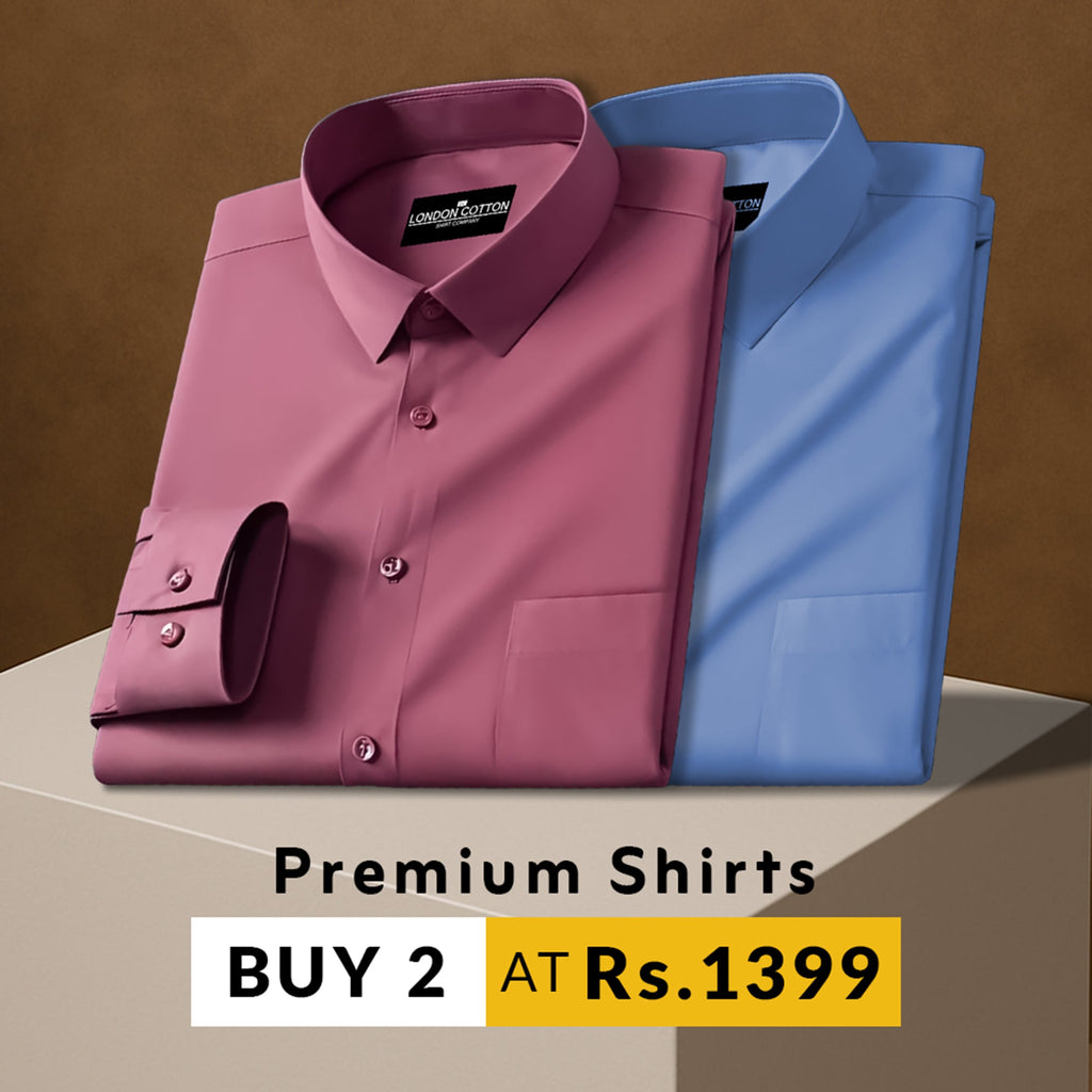 Two folded shirts, one pink and one blue, on a brown background with promotional text.