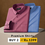Two folded shirts, one pink and one blue, on a brown background with promotional text.