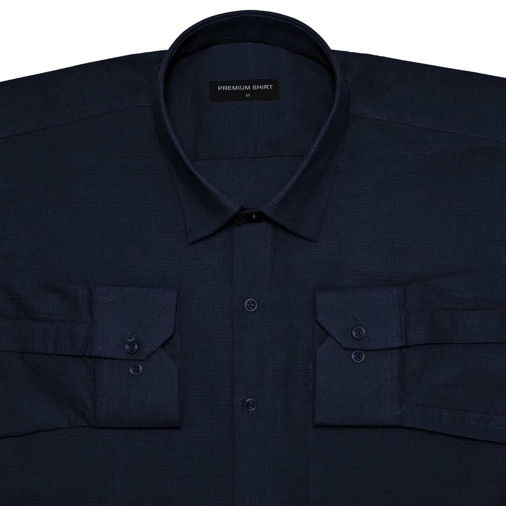 Dark Blue Textured Linen Shirt For Men