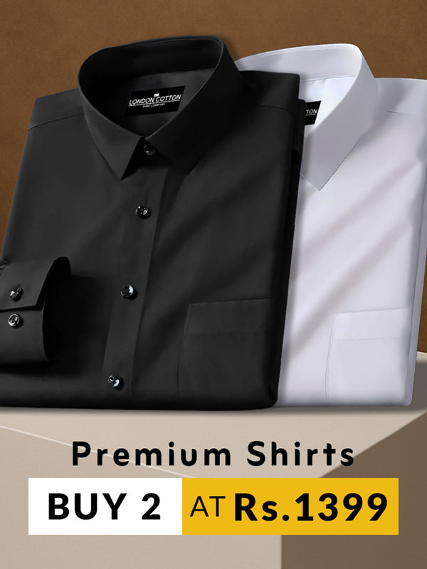 Black and white dress shirts on a brown background with promotional text.