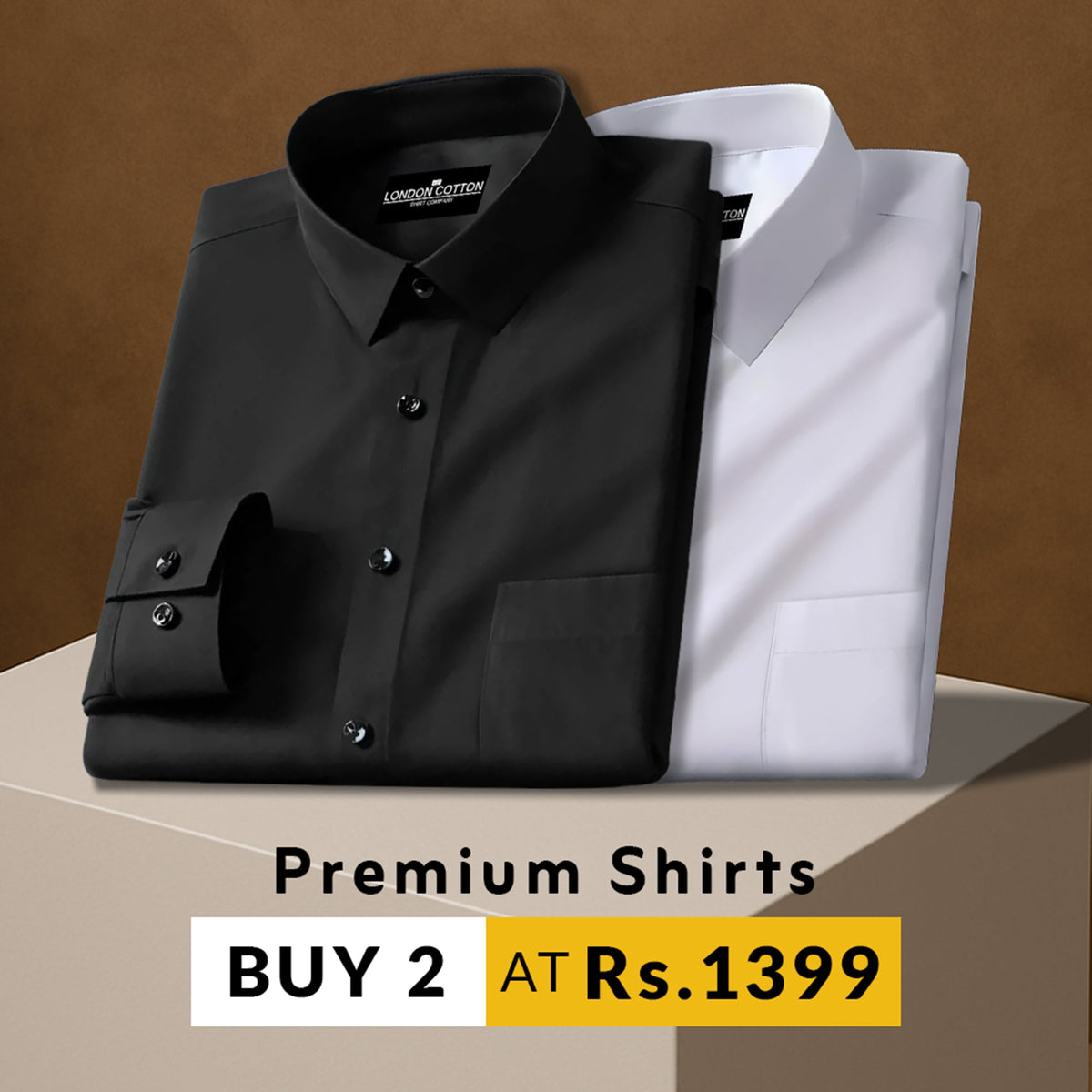 Black and white dress shirts on a brown background with promotional text.